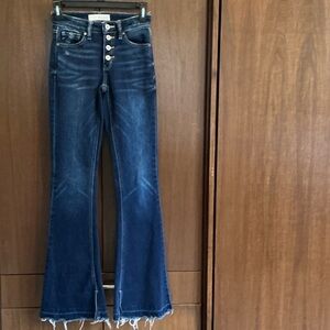 Dark Blue Flare Jeans with Frayed Hem